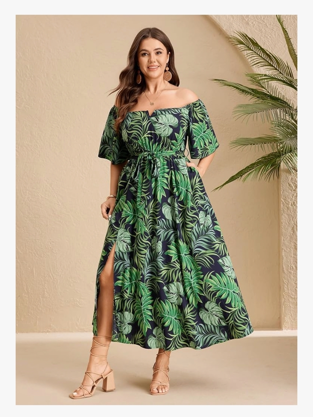 Plus Off-Shoulder Maxi Dress in Green Tropical Leaf Print